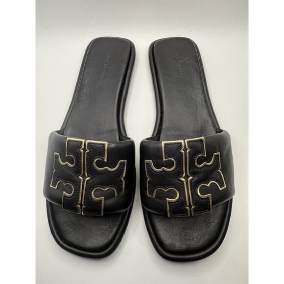 Tory Burch Women’s Size 9 Black Leather Logo Flat Slide Sandals Slip On - Picture 6 of 8